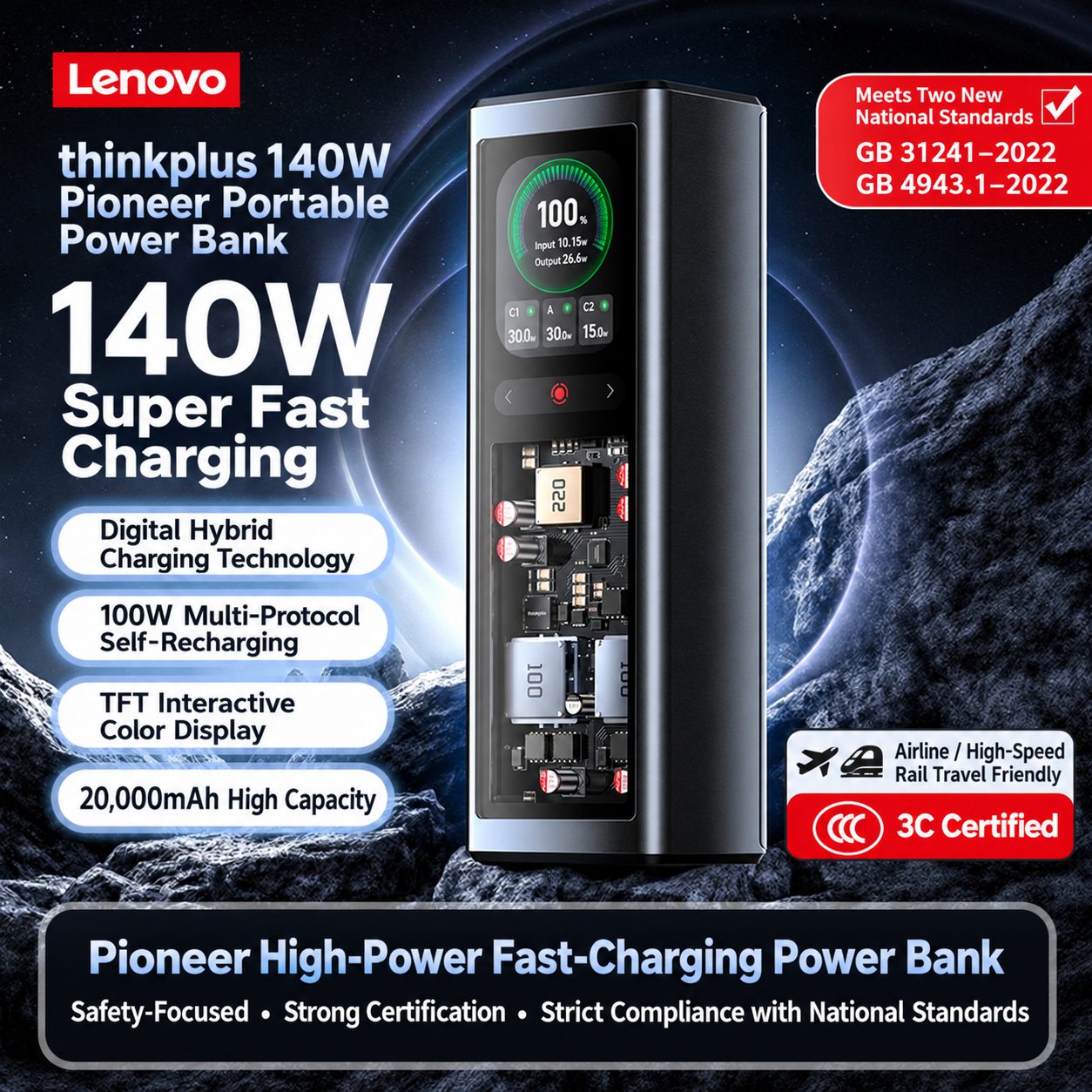 Lenovo Thinkplus FLUXO Pioneer 140W 20000mAh Digital Hybrid Power Bank