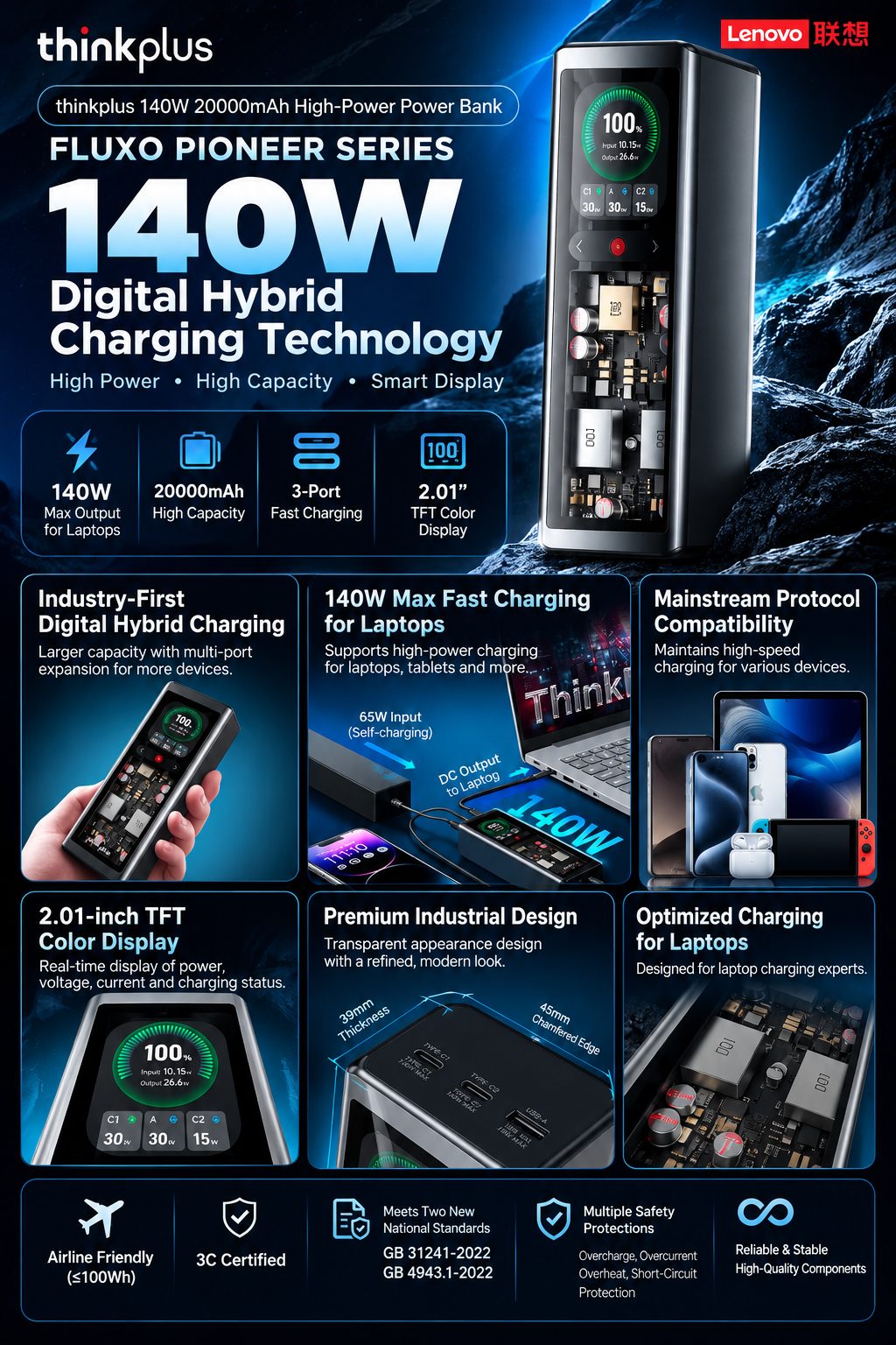 Lenovo Thinkplus FLUXO Pioneer 140W 20000mAh Digital Hybrid Power Bank