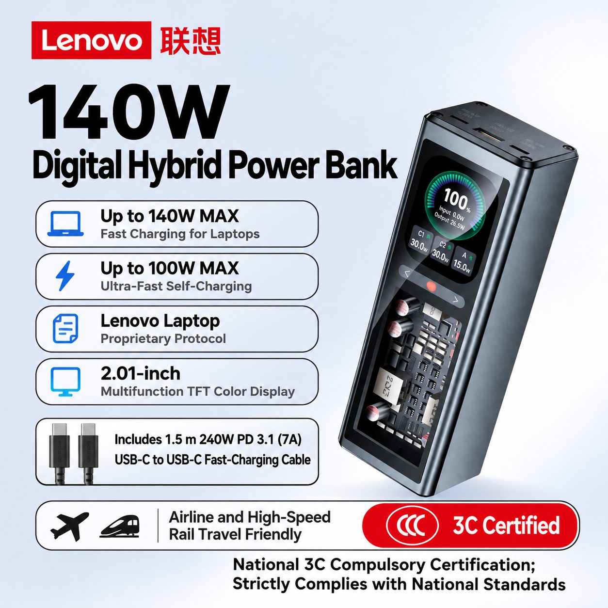Lenovo Thinkplus FLUXO Pioneer 140W 20000mAh Digital Hybrid Power Bank