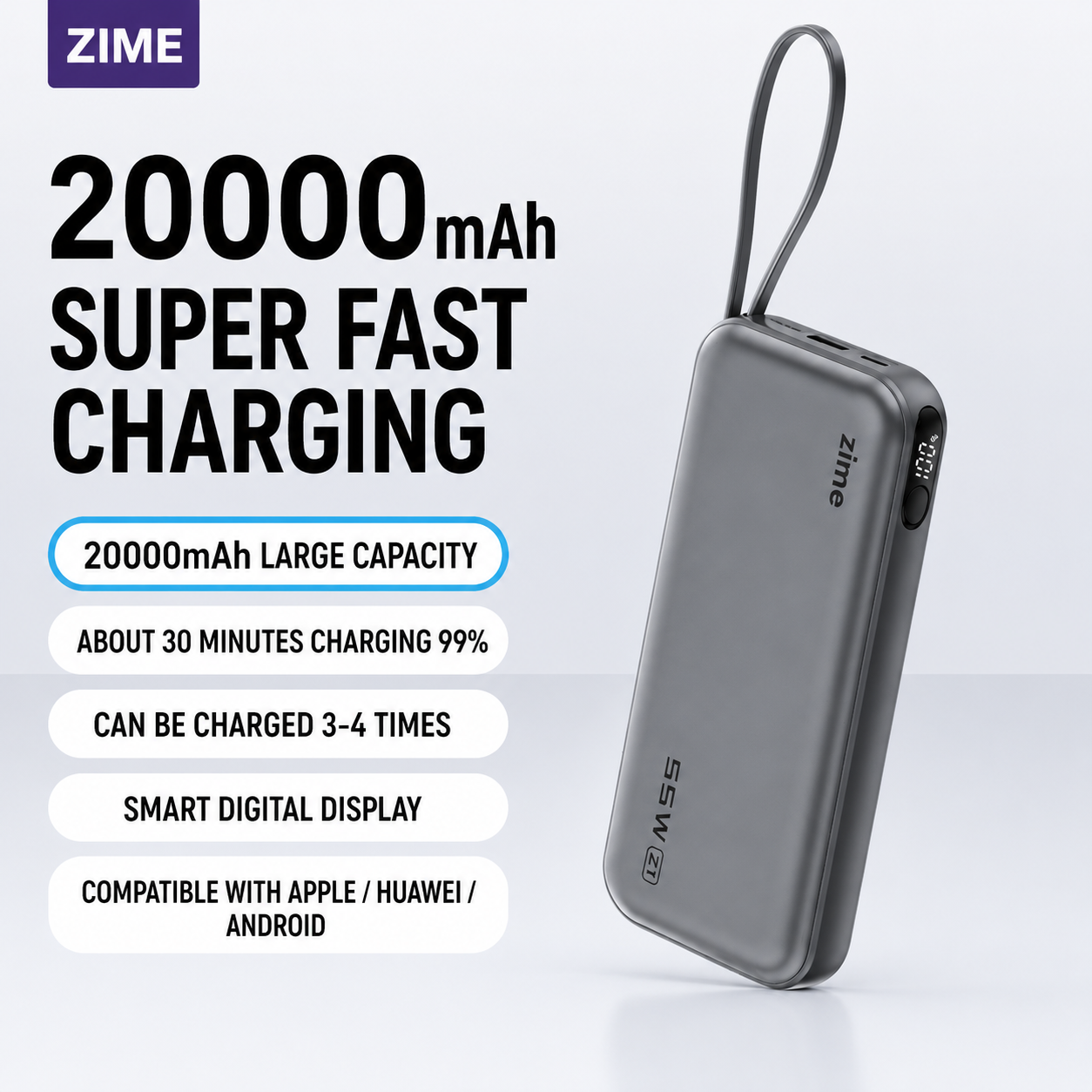 ZIME Z1 55W Super Fast Charging Power Bank 20000mAh with Built-in Cable & Digital Display (Grey Color) - Image 2