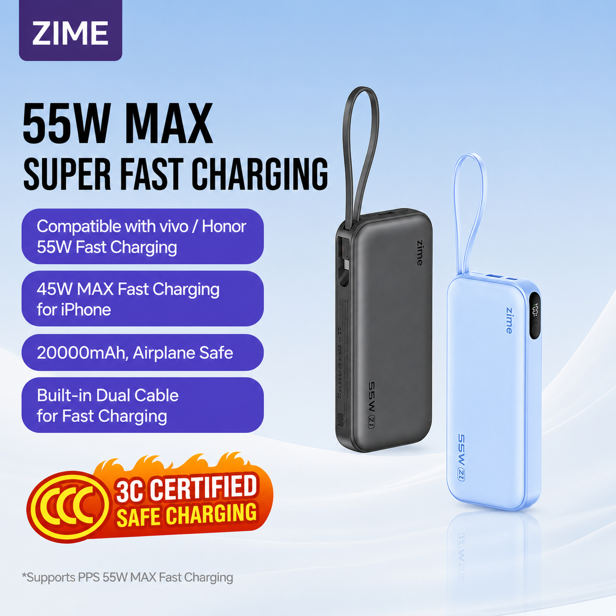 ZIME Z1 55W Super Fast Charging Power Bank 20000mAh with Built-in Cable & Digital Display (Grey Color) - Image 4