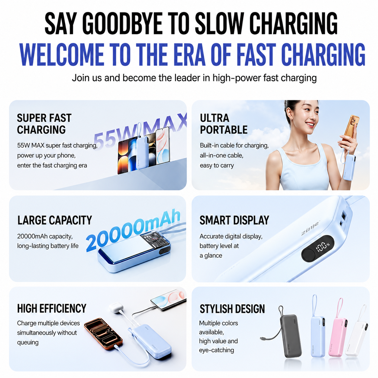 ZIME Z1 55W Super Fast Charging Power Bank 20000mAh with Built-in Cable & Digital Display (Grey Color) - Image 6
