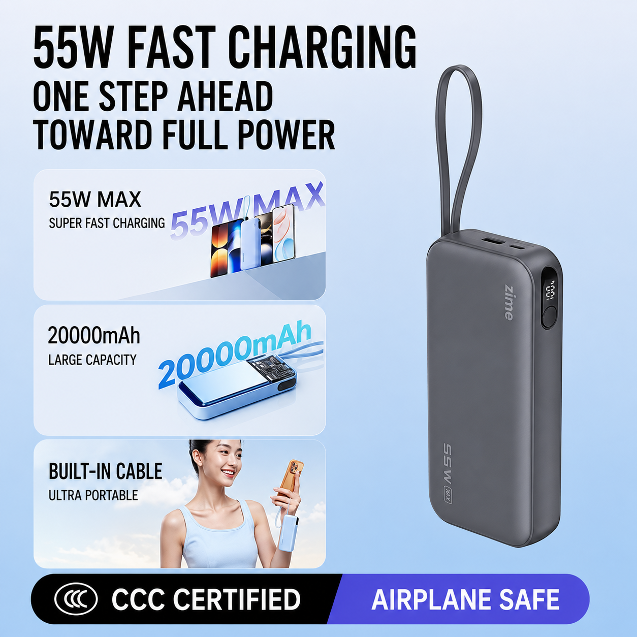 ZIME Z1 55W Super Fast Charging Power Bank 20000mAh with Built-in Cable & Digital Display (Grey Color) - Image 5