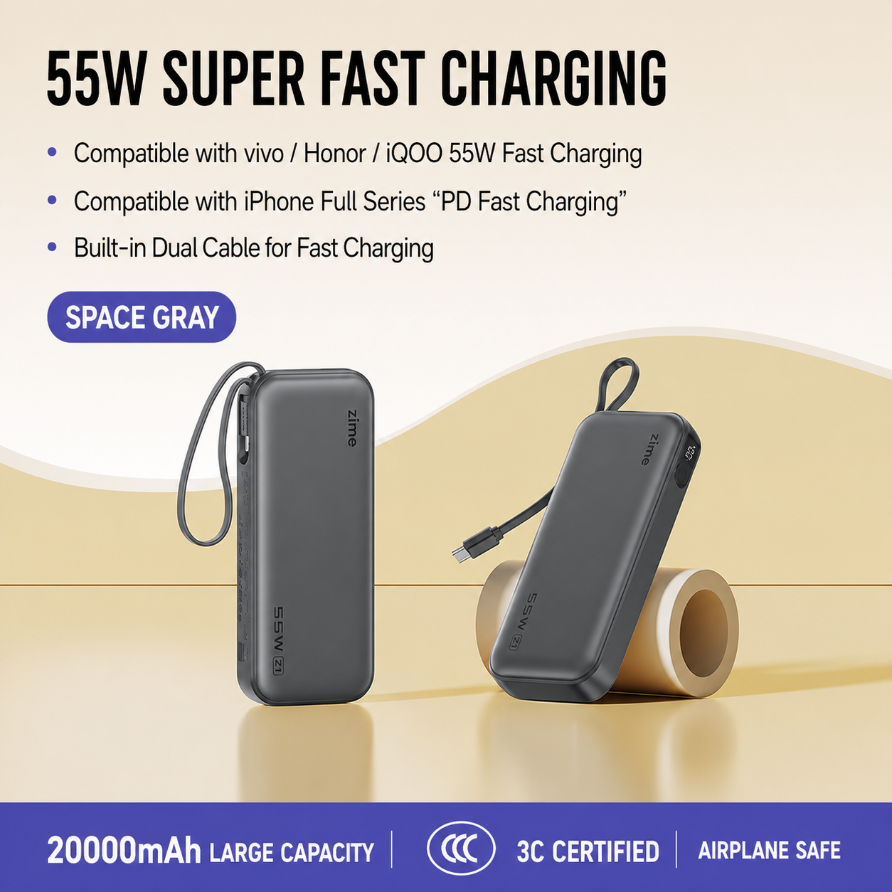 ZIME Z1 55W Super Fast Charging Power Bank 20000mAh with Built-in Cable & Digital Display (Grey Color) - Image 3